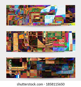 Abstract vector banner template. Small broken pixel distortion glitch art. Matrix geometric pattern. Vibrant colorful digital texture. Computer marketing sale background. Web page frame.
