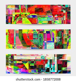 Abstract vector banner template. Small broken pixel distortion glitch art. Matrix geometric pattern. Vibrant colorful digital texture. Computer marketing sale background. Web page frame.