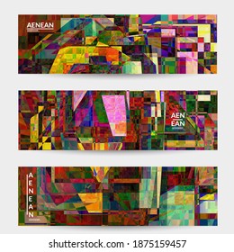 Abstract vector banner template. Small broken pixel distortion glitch art. Matrix geometric pattern. Vibrant colorful digital texture. Computer marketing sale background. Web page frame.