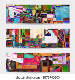 Abstract vector banner template. Small broken pixel distortion glitch art. Matrix geometric pattern. Vibrant colorful digital texture. Computer marketing sale background. Web page frame.