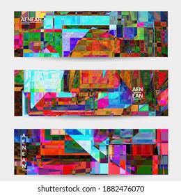 Abstract vector banner template. Small broken pixel distortion glitch art. Matrix geometric pattern. Vibrant colorful digital texture. Computer marketing sale background. Web page frame.