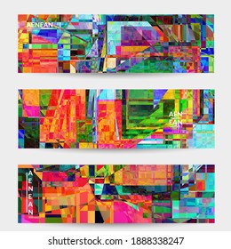 Abstract vector banner template. Small broken pixel distortion glitch art. Matrix geometric pattern. Vibrant colorful digital texture. Computer marketing sale background. Web page frame.