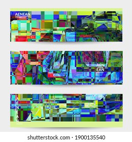 Abstract vector banner template. Small broken pixel distortion glitch art. Matrix geometric pattern. Vibrant colorful digital texture. Computer marketing sale background. Web page frame.