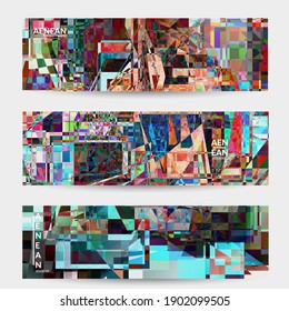 Abstract vector banner template. Small broken pixel distortion glitch art. Matrix geometric pattern. Vibrant colorful digital texture. Computer marketing sale background. Web page frame.