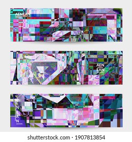 Abstrakte Vektorbanner-Vorlage. Kleine gebrochene Pixelverzerrung glitzert Kunst. Matrix geometrisches Muster. Lebhafte, bunte digitale Textur. Computermarketing-Hintergrund Webseitenrahmen.