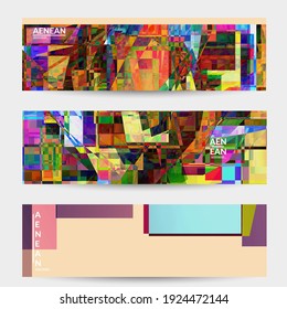 Abstract vector banner template. Small broken pixel distortion glitch art. Matrix geometric pattern. Vibrant colorful digital texture. Computer marketing sale background. Web page frame.