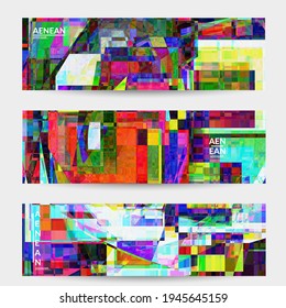 Abstract vector banner template. Small broken pixel distortion glitch art. Matrix geometric pattern. Vibrant colorful digital texture. Computer marketing sale background. Web page frame.