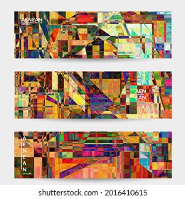Abstract vector banner template. Small broken pixel distortion glitch art. Matrix geometric pattern. Vibrant colorful digital texture. Computer marketing sale background. Web page frame.