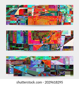 Abstract vector banner template. Small broken pixel distortion glitch art. Matrix geometric pattern. Vibrant colorful digital texture. Computer marketing sale background. Web page frame.