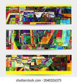 Abstract vector banner template. Small broken pixel distortion glitch art. Matrix geometric pattern. Vibrant colorful digital texture. Computer marketing sale background. Web page frame.