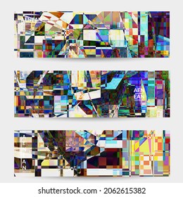 Abstract vector banner template. Small broken pixel distortion glitch art. Matrix geometric pattern. Vibrant colorful digital texture. Computer marketing sale background. Web page frame.