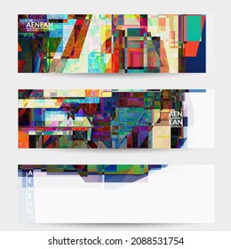 Abstract vector banner template. Small broken pixel distortion glitch art. Matrix geometric pattern. Vibrant colorful digital texture. Computer marketing sale background. Web page frame.