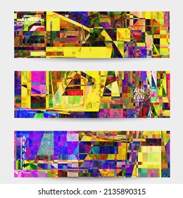 Abstract vector banner template. Small broken pixel distortion glitch art. Matrix geometric pattern. Vibrant colorful digital texture. Computer marketing sale background. Web page frame.