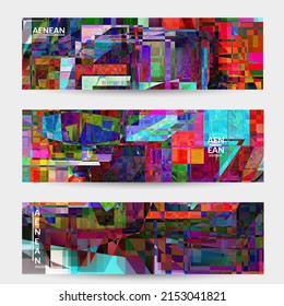 Abstract vector banner template. Small broken pixel distortion glitch art. Matrix geometric pattern. Vibrant colorful digital texture. Computer marketing sale background. Web page frame.
