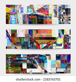 Abstract vector banner template. Small broken pixel distortion glitch art. Matrix geometric pattern. Vibrant colorful digital texture. Computer marketing sale background. Web page frame.
