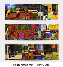 Abstract vector banner template. Small broken pixel distortion glitch art. Matrix geometric pattern. Vibrant colorful digital texture. Computer marketing sale background. Web page frame.