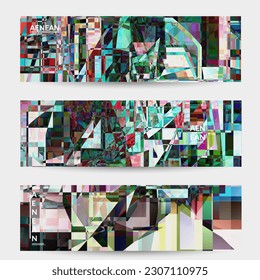 Abstract vector banner template. Small broken pixel distortion glitch art. Matrix geometric pattern. Vibrant colorful digital texture. Computer marketing sale background. Web page frame.