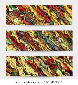 Abstract vector banner template. Watercolor texture vibrant colored background. Visual computer filtered gradient wavy diagonal lines. Dynamic paint flow marble texture pattern. Psychedelic art design