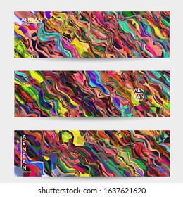 Abstract vector banner template. Watercolor texture vibrant colored background. Visual computer filtered gradient wavy diagonal lines. Dynamic paint flow marble texture pattern. Psychedelic art design