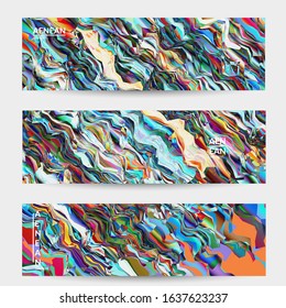 Abstract vector banner template. Watercolor texture vibrant colored background. Visual computer filtered gradient wavy diagonal lines. Dynamic paint flow marble texture pattern. Psychedelic art design