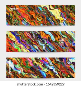 Abstract vector banner template. Watercolor texture vibrant colored background. Visual computer filtered gradient wavy diagonal lines. Dynamic paint flow marble texture pattern. Psychedelic art design