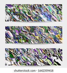 Abstract vector banner template. Watercolor texture vibrant colored background. Visual computer filtered gradient wavy diagonal lines. Dynamic paint flow marble texture pattern. Psychedelic art design