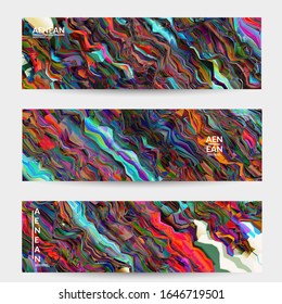 Abstract vector banner template. Watercolor texture vibrant colored background. Visual computer filtered gradient wavy diagonal lines. Dynamic paint flow marble texture pattern. Psychedelic art design