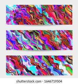 Plantilla de banner vector abstracto. Fondo coloreado vibrante de textura acuarela. Líneas diagonales de degradado onduladas filtradas por el equipo visual. Patrón de textura de mármol de flujo dinámico de pintura. Diseño de arte psicodélico