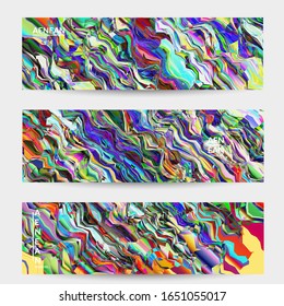 Abstract vector banner template. Watercolor texture vibrant colored background. Visual computer filtered gradient wavy diagonal lines. Dynamic paint flow marble texture pattern. Psychedelic art design