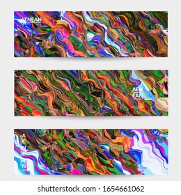 Abstract vector banner template. Watercolor texture vibrant colored background. Visual computer filtered gradient wavy diagonal lines. Dynamic paint flow marble texture pattern. Psychedelic art design