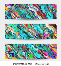 Abstract vector banner template. Watercolor texture vibrant colored background. Visual computer filtered gradient wavy diagonal lines. Dynamic paint flow marble texture pattern. Psychedelic art design