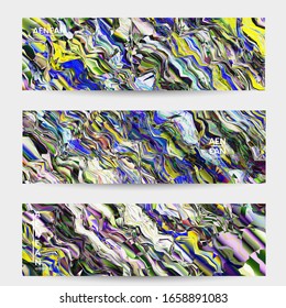 Abstract vector banner template. Watercolor texture vibrant colored background. Visual computer filtered gradient wavy diagonal lines. Dynamic paint flow marble texture pattern. Psychedelic art design
