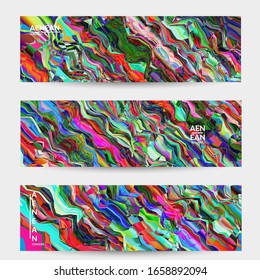 Abstract vector banner template. Watercolor texture vibrant colored background. Visual computer filtered gradient wavy diagonal lines. Dynamic paint flow marble texture pattern. Psychedelic art design