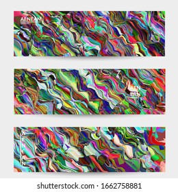 Abstract vector banner template. Watercolor texture vibrant colored background. Visual computer filtered gradient wavy diagonal lines. Dynamic paint flow marble texture pattern. Psychedelic art design