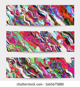 Abstract vector banner template. Watercolor texture vibrant colored background. Visual computer filtered gradient wavy diagonal lines. Dynamic paint flow marble texture pattern. Psychedelic art design