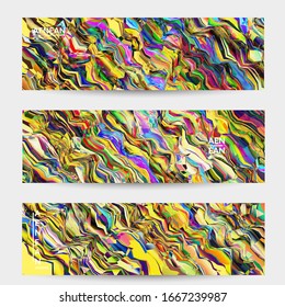Abstract vector banner template. Watercolor texture vibrant colored background. Visual computer filtered gradient wavy diagonal lines. Dynamic paint flow marble texture pattern. Psychedelic art design