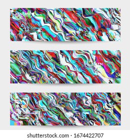Plantilla de banner vector abstracto. Fondo coloreado vibrante de textura acuarela. Líneas diagonales de degradado onduladas filtradas por el equipo visual. Patrón de textura de mármol de flujo dinámico de pintura. Diseño de arte psicodélico