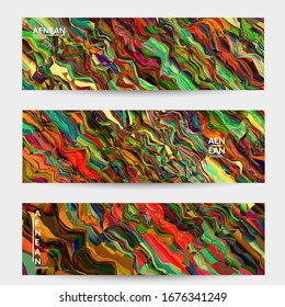 Abstract vector banner template. Watercolor texture vibrant colored background. Visual computer filtered gradient wavy diagonal lines. Dynamic paint flow marble texture pattern. Psychedelic art design