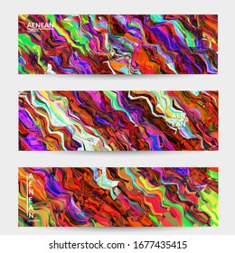 Abstract vector banner template. Watercolor texture vibrant colored background. Visual computer filtered gradient wavy diagonal lines. Dynamic paint flow marble texture pattern. Psychedelic art design
