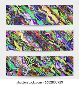 Abstract vector banner template. Watercolor texture vibrant colored background. Visual computer filtered gradient wavy diagonal lines. Dynamic paint flow marble texture pattern. Psychedelic art design