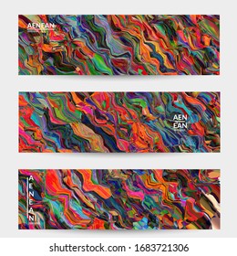 Abstract vector banner template. Watercolor texture vibrant colored background. Visual computer filtered gradient wavy diagonal lines. Dynamic paint flow marble texture pattern. Psychedelic art design