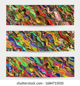 Abstract vector banner template. Watercolor texture vibrant colored background. Visual computer filtered gradient wavy diagonal lines. Dynamic paint flow marble texture pattern. Psychedelic art design