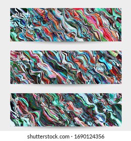 Abstract vector banner template. Watercolor texture vibrant colored background. Visual computer filtered gradient wavy diagonal lines. Dynamic paint flow marble texture pattern. Psychedelic art design