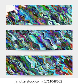 Abstract vector banner template. Watercolor texture vibrant colored background. Visual computer filtered gradient wavy diagonal lines. Dynamic paint flow marble texture pattern. Psychedelic art design