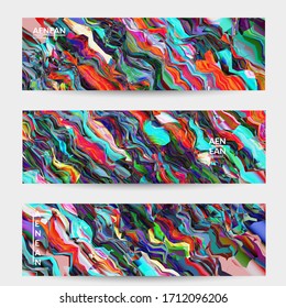 Abstract vector banner template. Watercolor texture vibrant colored background. Visual computer filtered gradient wavy diagonal lines. Dynamic paint flow marble texture pattern. Psychedelic art design