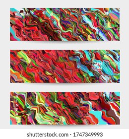Abstrakte Vektorbanner-Vorlage. Aquarellfarbene Textur lebhafter farbiger Hintergrund. Von Visual Computer gefilterte gewellte Diagonallinien. Dynamisches Farbflussmuster aus Marmor. Psychedelisches Kunstdesign