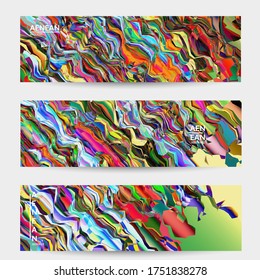 Abstract vector banner template. Watercolor texture vibrant colored background. Visual computer filtered gradient wavy diagonal lines. Dynamic paint flow marble texture pattern. Psychedelic art design