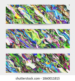 Abstract vector banner template. Watercolor texture vibrant colored background. Visual computer filtered gradient wavy diagonal lines. Dynamic paint flow marble texture pattern. Psychedelic art design