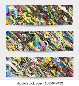 Abstract vector banner template. Watercolor texture vibrant colored background. Visual computer filtered gradient wavy diagonal lines. Dynamic paint flow marble texture pattern. Psychedelic art design