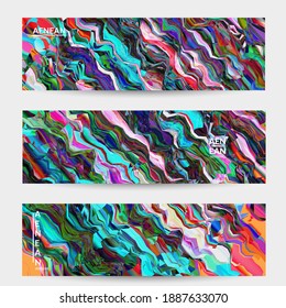Abstract vector banner template. Watercolor texture vibrant colored background. Visual computer filtered gradient wavy diagonal lines. Dynamic paint flow marble texture pattern. Psychedelic art design